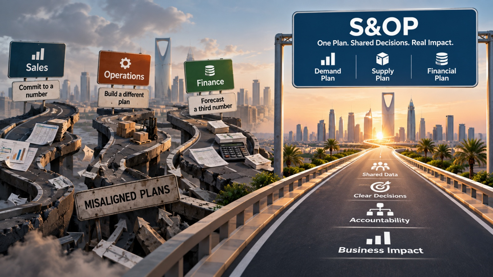 Misaligned sales operations and finance plans converging into one integrated S&OP plan